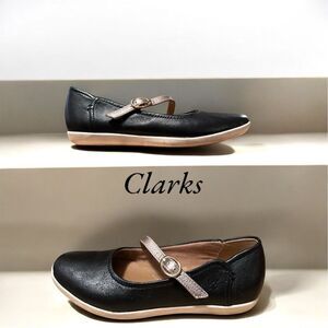 Clarks Mary Jane Ballet Flats Soft Black Leather Gold Strap Shoes